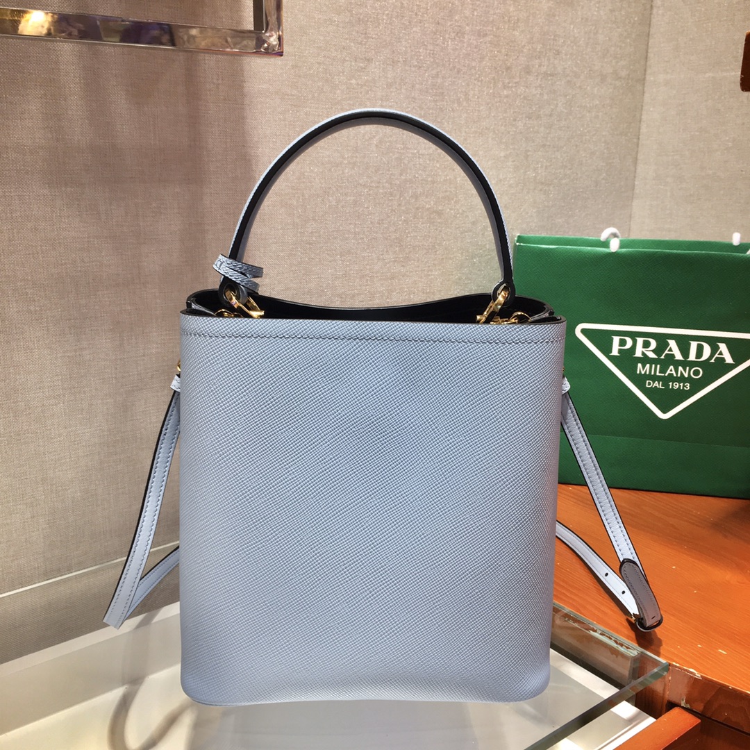 Prada Medium Panier Saffiano Leather Bag Blue Pale/Black 1BA212